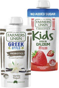 Farmers-Union-Greek-Style-or-No-Added-Sugar-Kids-Yogurt-Pouch-130g on sale