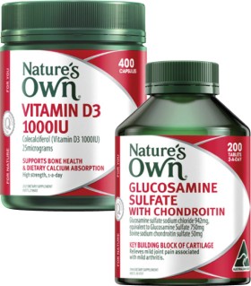 Natures-Own-Glucosamine-Sulfate-with-Chondroitin-Tablets-200-Pack-or-Vitamin-D3-1000IU-Capsules-400-Pack on sale