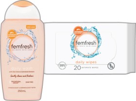 Femfresh+Feminine+Wipes+20+Pack+or+Liquid+Wash+250mL+Selected+Varieties