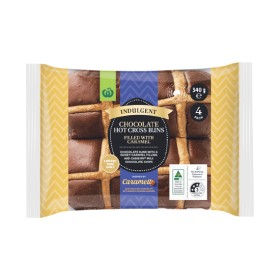 Woolworths-Indulgent-Caramel-Filled-Chocolate-Hot-Cross-Buns-inspired-by-Cadbury-Caramello-Pk-4 on sale