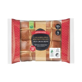 Woolworths-Indulgent-Caramelised-Biscuit-Filled-Hot-Cross-Buns-Pk-4 on sale