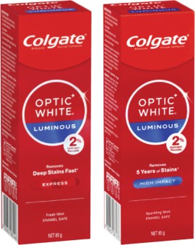 Colgate-Optic-White-Luminous-Express-White-or-High-Impact-Toothpaste-85g on sale