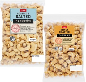 Coles+Dry+Roasted%2C+Honey%2C+Natural+or+Roasted+%26amp%3B+Salted+Cashews+400g+Pack