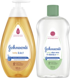 Johnson%26%23039%3Bs+Baby+3-in-1+Wash+or+Aloe+Vera+%26amp%3B+Vitamin+E+Oil+500mL