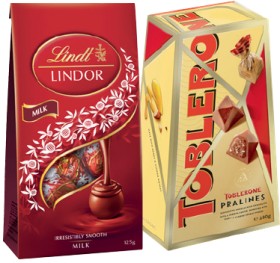 Lindt+Lindor+Chocolate+Bag+123%E2%80%91125g+or+Toblerone+Pralines+180g+Selected+Varieties