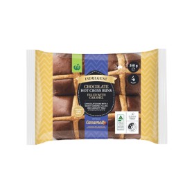 Woolworths-Indulgent-Caramel-Filled-Chocolate-Hot-Cross-Buns-inspired-by-Cadbury-Caramello-Pk-4 on sale