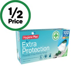 Hygiene-Plus-Extra-Protection-Powder-Free-Vinyl-Gloves-MedLarge-Pk-100 on sale