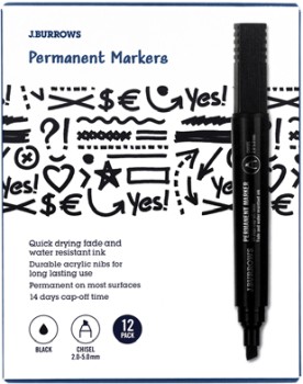 J.Burrows+Permanent+Markers+Black+12+Pack