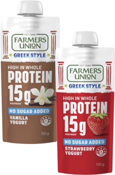 Farmers-Union-Greek-Style-High-Protein-No-Sugar-Added-Yogurt-Pouch-150g on sale