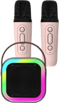 Laser-Mini-Karaoke-Speaker-with-2-Wireless-Microphones-Pink on sale