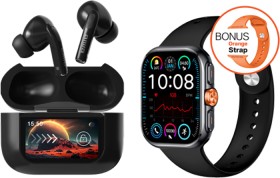 AIWA+Smart+Tech+Duo+-+2%26quot%3B+Smartwatch+with+Black%2FOrange+Straps+and+Black+Noise-+Cancelling+Earbuds