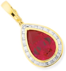 9ct-Gold-Created-Ruby-Diamond-Pear-Shape-Pendant on sale