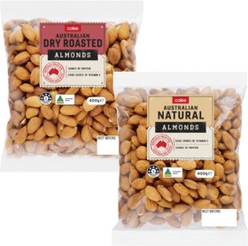 Coles-Dry-Roasted-Natural-Roasted-Salted-or-Smoked-Almonds-400g-Pack on sale