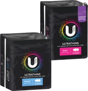 U-By-Kotex-Ultra-Thin-Pads-With-Wings-Regular-14-Pack-or-Super-12-Pack on sale