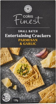 Coles-Finest-Parmesan-and-Garlic-Crackers-120g on sale
