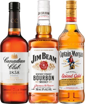 Canadian+Club+Original+Whisky%2C+Jim+Beam+White+Label+Bourbon+or+Captain+Morgan+Spiced+Gold+700mL