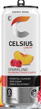 NEW+Celsius+Raspberry+Peach+Sparkling+Energy+Drink+330mLCelsius+Raspberry+Peach+Sparkling+Energy+Drink+330mL
