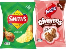 Twisties-Churros-120g-or-Smiths-Crinkle-Cut-Chips-150170g-Selected-Varieties on sale