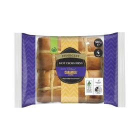 Woolworths-Indulgent-Hot-Cross-Buns-made-with-Cadbury-Caramilk-Chocolate-Chips-Pk-4 on sale