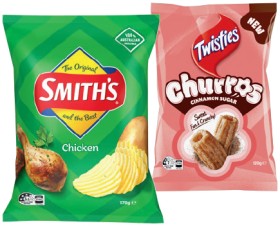 Smiths-Crinkle-Cut-Chips-150170g-or-Twisties-Churros-Cinnamon-Sugar-120g-Selected-Varieties on sale