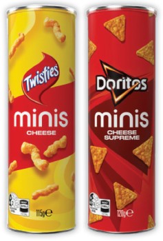Twisties+Cheese+Minis+Canister+115g+or+Doritos+Cheese+Supreme+Corn+Chips+Minis+Canister+120g