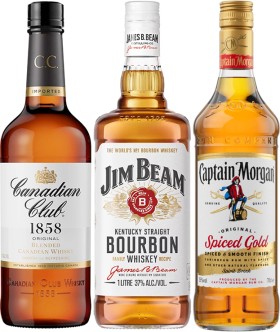 Canadian-Club-Original-Whisky-Jim-Beam-White-Label-Bourbon-or-Captain-Morgan-Spiced-Gold-700mL on sale