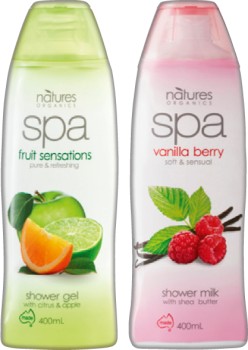Natures+Organics+Spa+Shower+Milk+or+Gel+400mL+Selected+Varieties
