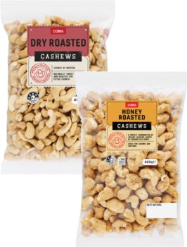 Coles-Dry-Roasted-Honey-Natural-or-Roasted-Salted-Cashews-400g-Pack on sale