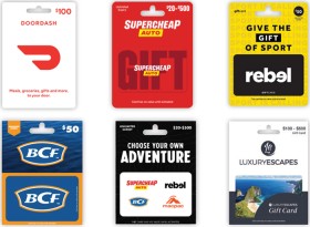 Flybuys-20x-Points-on-Doordash-Supercheap-Auto-rebel-BCF-Adventure-and-Luxury-Escapes-Gift-Cards on sale