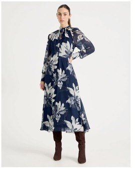 Basque-High-Neck-Long-Sleeve-Dress-in-Mono-Floral on sale