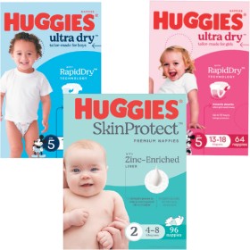 Huggies-Infant-or-Newborn-Nappies-Pk-96-108-or-Ultra-Dry-Nappies-Pk-60-90 on sale