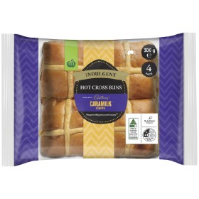 Woolworths-Indulgent-Hot-Cross-Buns-made-with-Cadbury-Caramilk-Chocolate-Chips-Pk-4 on sale