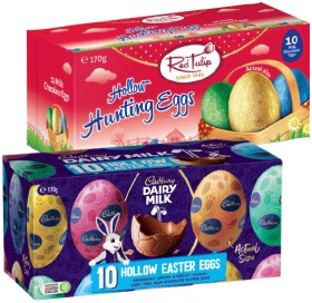Cadbury-Dairy-Milk-Hollow-Easter-Eggs-or-Red-Tulip-Hollow-Hunting-Eggs-10-Pack-Selected-Varieties on sale