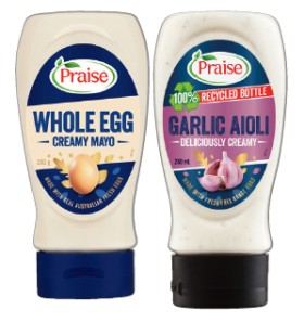 Praise+Whole+Egg+Mayo+230%E2%80%91250mL+or+Deli+Style+Classic+Aioli+250mL+Selected+Varieties