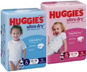 Huggies+Ultra+Dry+or+SkinProtect+Nappies+14-28+Pack+Selected+Varieties