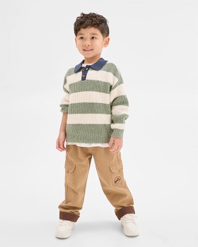 Long+Sleeve+Striped+Knit+Polo+Top+-+Green