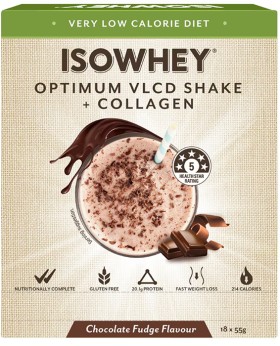 Isowhey-Optimum-VLCD-Shake-Chocolate-Fudge-18-x-55g on sale