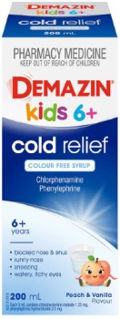 Demazin+Kids+6%2B+Years+Cold+Relief+Colour+Free+Syrup+Peach+%26amp%3B+Vanilla+200ml