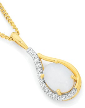 9ct+Gold+White+Opal+%26amp%3B+Diamond+Oval+Elegant+Teardrop+Pendant