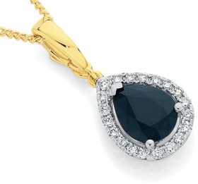 9ct+Gold+Black+Sapphire+%26amp%3B+Diamond+Pear+Halo+Pendant