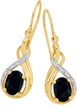 9ct-Gold-Black-Sapphire-Diamond-Hook-Earrings on sale