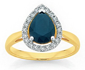9ct+Gold+Black+Sapphire+%26amp%3B+Diamond+Pear+Halo+Ring