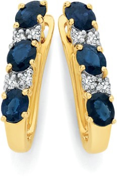 9ct+Gold+Natural+Sapphire+%26amp%3B+Diamond+Hoop+Earrings