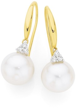 9ct+Gold+Cultured+Freshwater+Pearl+%26amp%3B+Diamond+Hook+Earrings