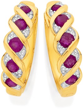 9ct+Gold+Natural+Ruby+%26amp%3B+Diamond+Huggie+Earrings