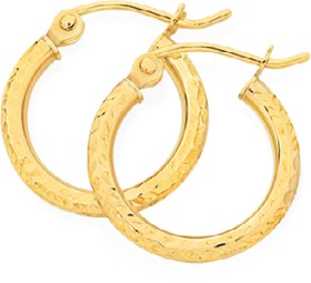 9ct+Gold+2x10mm+Diamond-Cut+Hoop+Earrings
