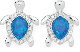 Sterling-Silver-Blue-Man-Made-Opal-Cubic-Zirconia-Turtle-Stud-Earrings on sale