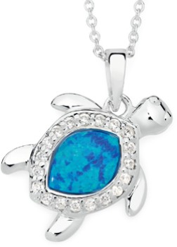 Sterling-Silver-Blue-Man-Made-Opal-Cubic-Zirconia-Turtle-Pendant on sale