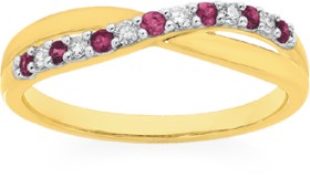9ct+Gold+Natural+Ruby+%26amp%3B+.10ct+Diamond+Crossover+Ring