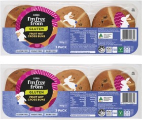 Coles-Im-Free-From-Gluten-Fruit-Hot-Cross-Buns-3-Pack-180g on sale